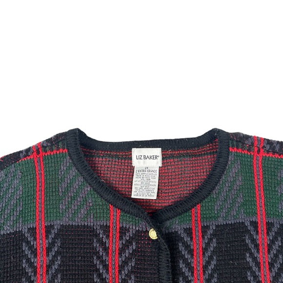 Vintage Liz Baker Tartan Plaid Cardigan Knit Sweater Womens 2XL Christmas - Picture 2 of 4